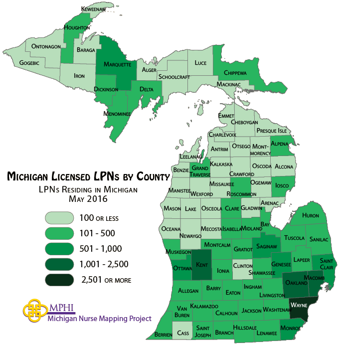 map depicts Michigan's licensed practical nurse population by county in 2016